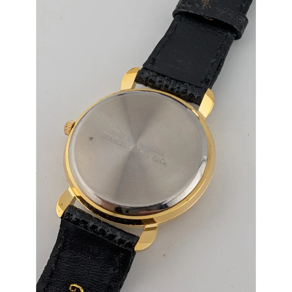 Vintage St. Marin Watch Women 32mm Gold Case Black Leather Band- New Battery